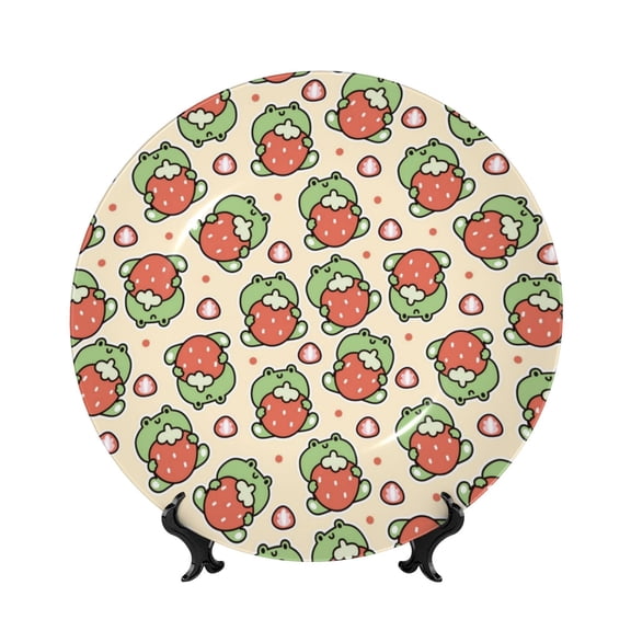 Picia Frog Hold Strawberry Pattern Bone China Decorative Plate – Wall Decor with Stand and Adhesive, Elegant Ornament for Living Room, Office, or Entryway-7in