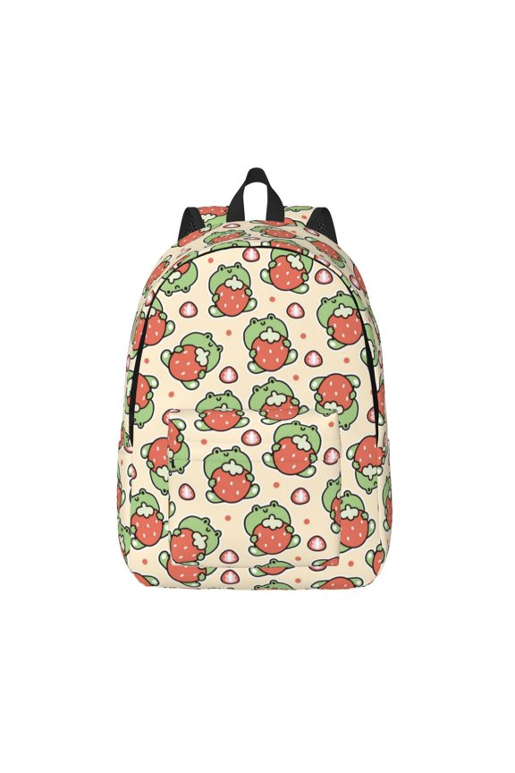 Frog Hold Strawberry Printed Canvas Daypack - Stylish and Durable Vintage Compact Backpack - Class, Work, Travel, or Laptop Bookbag,Organized Compartments-Medium