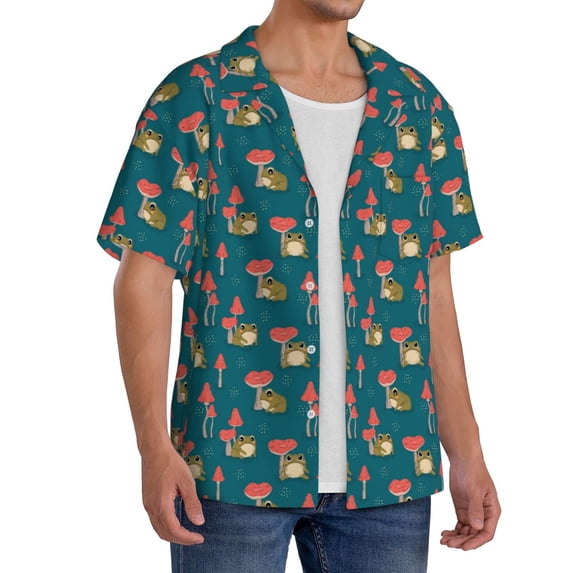 Picia Frog and Mushrooms Men's Linen Shirts Short Sleeve Cuban Beach Shirts Casual Shirts Button Down Shirt for Men Beach Summer Wedding Shirt-XX-Large