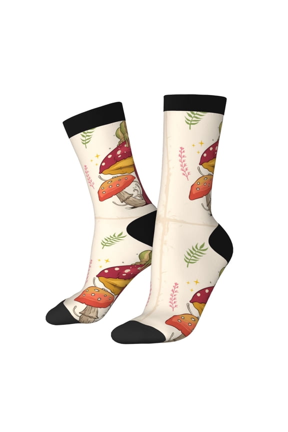 Frog Sitting On Mushroom Print Athletic Socks for Men & Women – Cushioned Moisture-Wicking Crew Socks for Sports, Running, and Training, Soft & Breathable Size 5-11