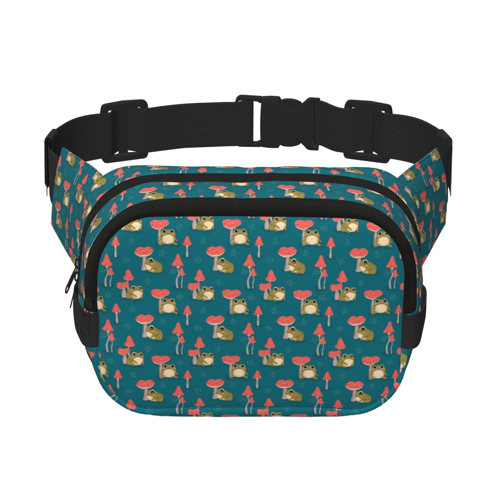 Picia Frog and Mushrooms Print Square Double-Layer Waist Bag Mini Adjustable Waist Belt Bag Exercise Running Travel Hiking