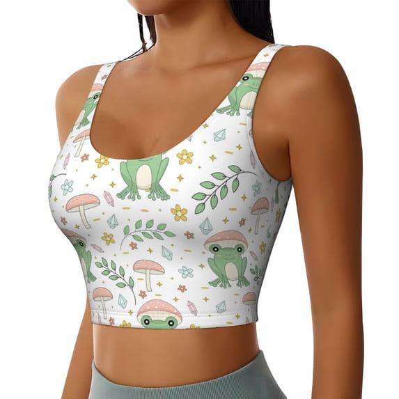 Picia Frog and Mushrooms Sports Bra for Women,Padded Strappy Sports Bras Medium Support Yoga Bra with Removable Cups,Running Yoga Bra-Medium