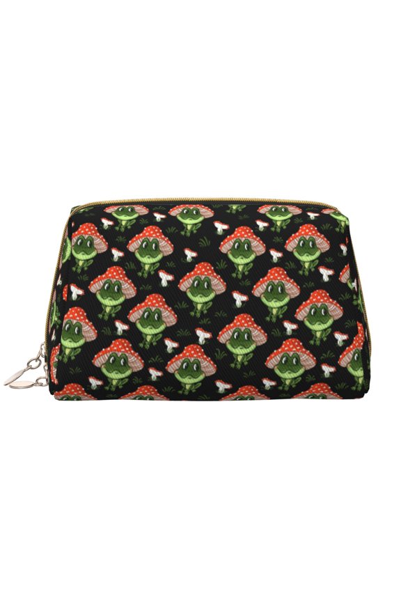 Frogs In Mushroom Hats Print Leather Makeup Bag Make Up Bag Travel Toiletry Bag for Her Girlfriend Teacher Teen Girl Gifts