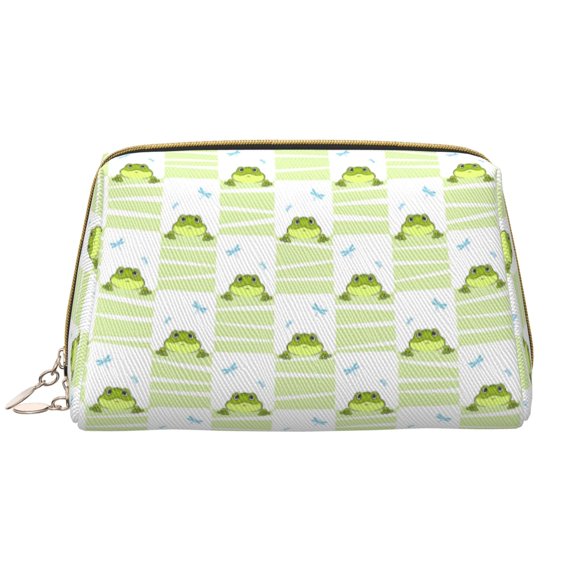 Picia Frogs and Dragonflies Print Leather Makeup Bag Make Up Bag Travel Toiletry Bag for Her Girlfriend Teacher Teen Girl Gifts