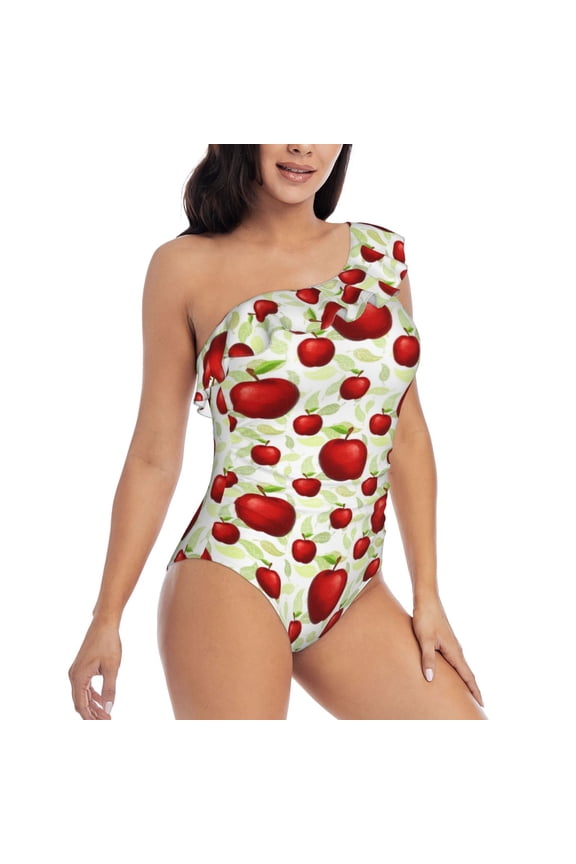 Fruit Apples Pattern Women's One Piece Swimsuits,One Shoulder Swimwear Asymmetric ,Ruffle Monokinis Bathing Suits,High Waisted Flattering Bathing Suits-