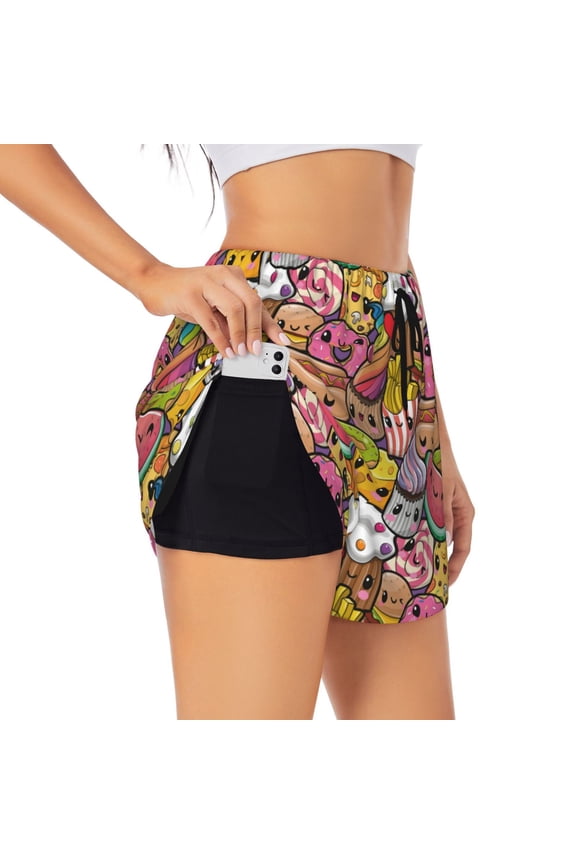 Fruit-Flavored Ice-Cream Pattern Women's 2 in 1 Athletic Running Shorts High Waisted Workout Casual Gym Sweat Shorts with Comfy Liner Zipper Pockets-Small