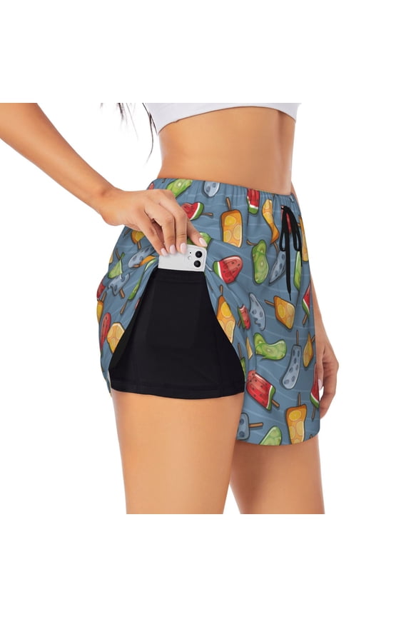 Fruit Ice Cream Pattern Women's 2 in 1 Athletic Running Shorts High Waisted Workout Casual Gym Sweat Shorts with Comfy Liner Zipper Pockets-