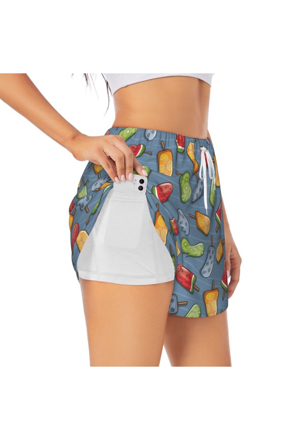 Fruit Ice Cream Pattern Women's 2 in 1 Athletic Running Shorts High Waisted Workout Casual Gym Sweat Shorts with Comfy Liner Zipper Pockets-X-Large