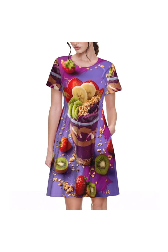 Fruit Parfait Colorful Pattern Women's Short Sleeve Summer Dress Pleated Loose Swing Knee Length Short Sleeve Swing Dresses