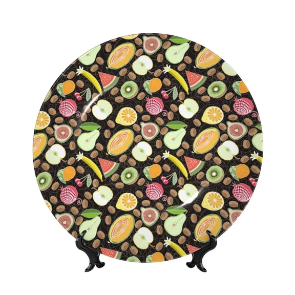 Picia Fruits Pattern Bone China Decorative Plate – Wall Decor with Stand and Adhesive, Elegant Ornament for Living Room, Office, or Entryway-8in