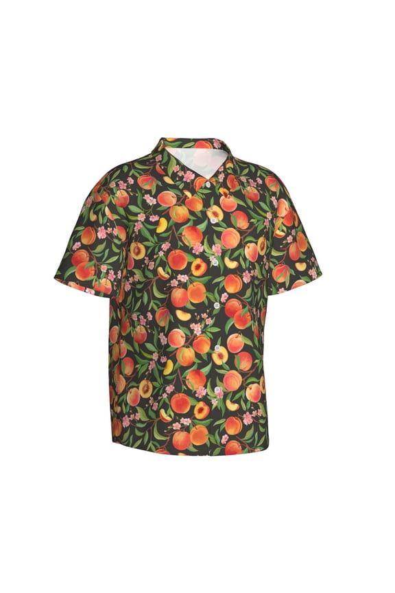 Fruits Peach Gentle Cotton Regular Fit Short Sleeve Casual Hawaiian Shirt for Men-Large