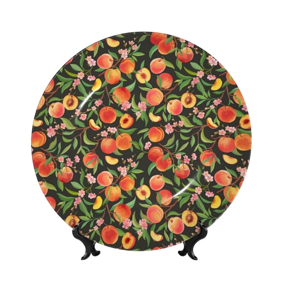 Picia Fruits Peach Pattern Bone China Decorative Plate – Wall Decor with Stand and Adhesive, Elegant Ornament for Living Room, Office, or Entryway-7in
