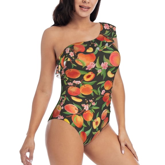 Picia Fruits Peach Pattern Women's One Piece Swimsuits,One Shoulder Swimwear Asymmetric ,Ruffle Monokinis Bathing Suits,High Waisted Flattering Bathing Suits-Medium