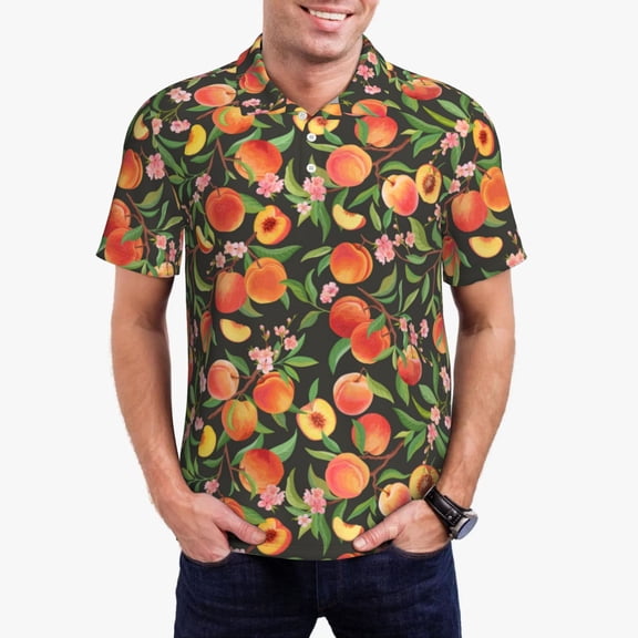 Picia Fruits Peach Print Men's Polo Shirt, Two-Button Closure Pique Polo Shirt, Summer Fashion Golf Shirt-3X-Large