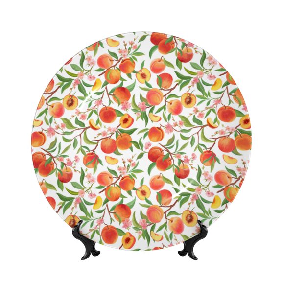 Picia Fruits Peach2 Pattern Bone China Decorative Plate – Wall Decor with Stand and Adhesive, Elegant Ornament for Living Room, Office, or Entryway-8in