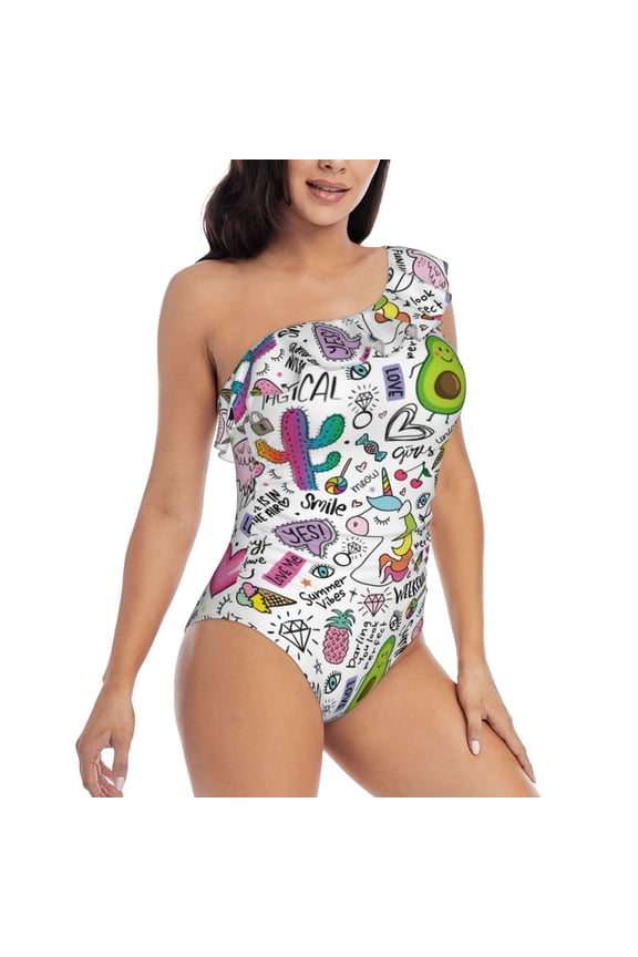 Fun Animal with Unicorn Pattern Women's One Piece Swimsuits,One Shoulder Swimwear Asymmetric ,Ruffle Monokinis Bathing Suits,High Waisted Flattering Bathing Suits-