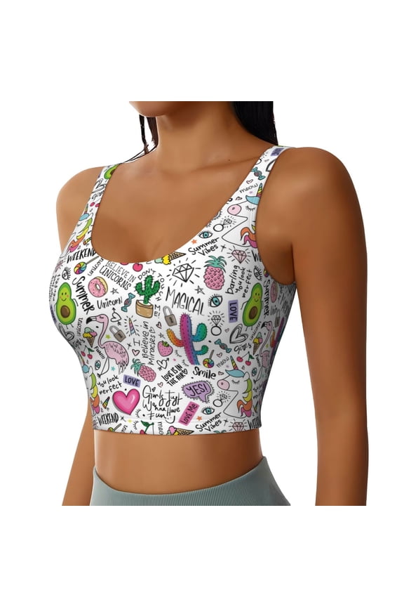 Fun Animal with Unicorn Sports Bra for Women,Padded Strappy Sports Bras Medium Support Yoga Bra with Removable Cups,Running Yoga Bra-X-Large