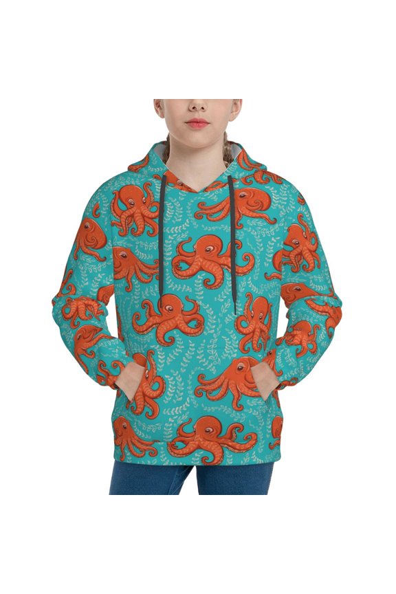 Fun Octopus Pattern Youth Hoodie - Warm Pullover Sweatshirt with Kangaroo Pocket, Ideal for Boys and Girls-Large