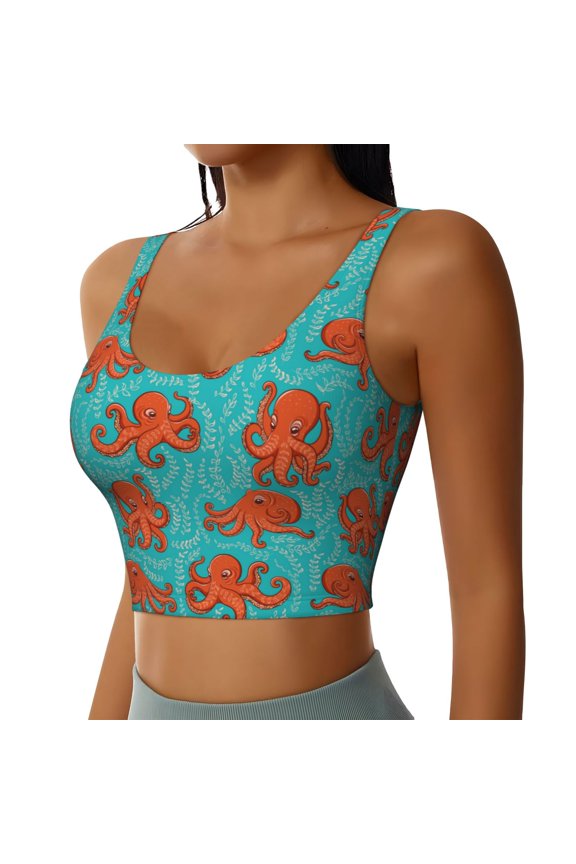 Fun Octopus Sports Bra for Women,Padded Strappy Sports Bras Medium Support Yoga Bra with Removable Cups,Running Yoga Bra-Small