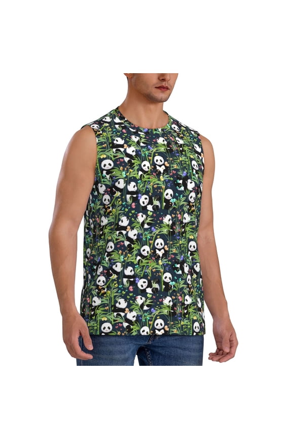 Fun Panda Playing With Bamboo Leaves mens Cotton Tank Undershirts , Moisture-wicking Ribbed Tanks, Lightweight Cotton Tank Undershirts-Small