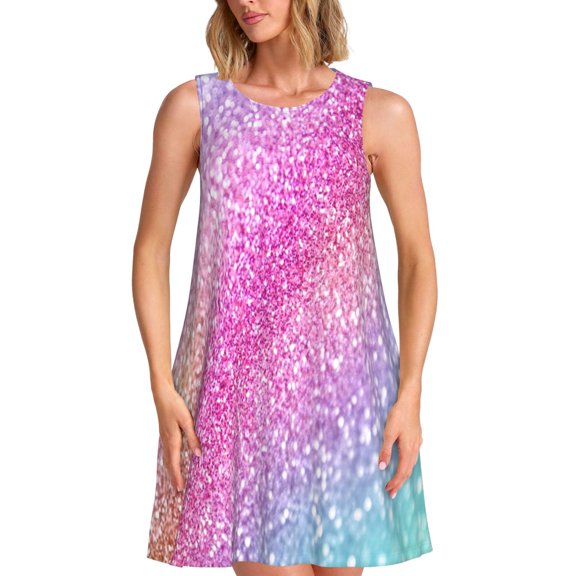 Picia Fun Rainbow Print Women’s Sleeveless Midi Swing Dress – A-Line Pleated Tank Sundress, Comfortable and Flowy T-Shirt Dress