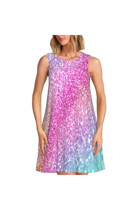 Fun Rainbow Print Women’s Sleeveless Midi Swing Dress – A-Line Pleated Tank Sundress, Comfortable and Flowy T-Shirt Dress