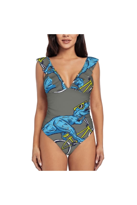 Fun Riding Dinosaur Blooming Jelly Womens Tummy Control Bathing Suits Slimming Ruffle Swimsuit One Piece Lace Swimwear-