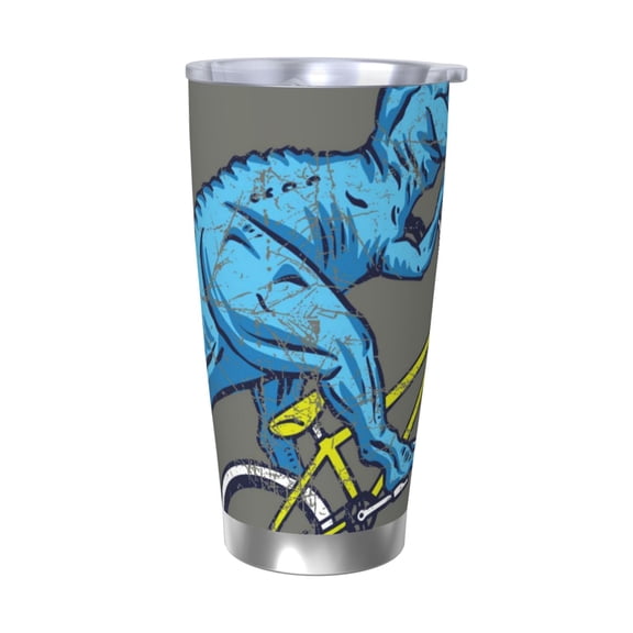 Picia Fun Riding Dinosaur Pattern 20 oz Tumbler Stainless Steel Vacuum Insulated Coffee Ice Cup Double Wall Travel Flask Dual Lid Water Bottle, Eco-friendly Car Cup-Without Straw