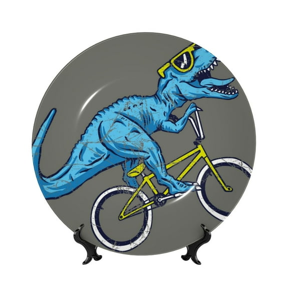 Picia Fun Riding Dinosaur Pattern Bone China Decorative Plate – Wall Decor with Stand and Adhesive, Elegant Ornament for Living Room, Office, or Entryway-7in