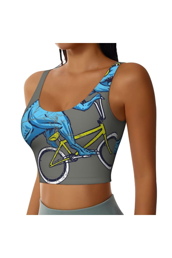 Fun Riding Dinosaur Sports Bra for Women,Padded Strappy Sports Bras Medium Support Yoga Bra with Removable Cups,Running Yoga Bra-Large