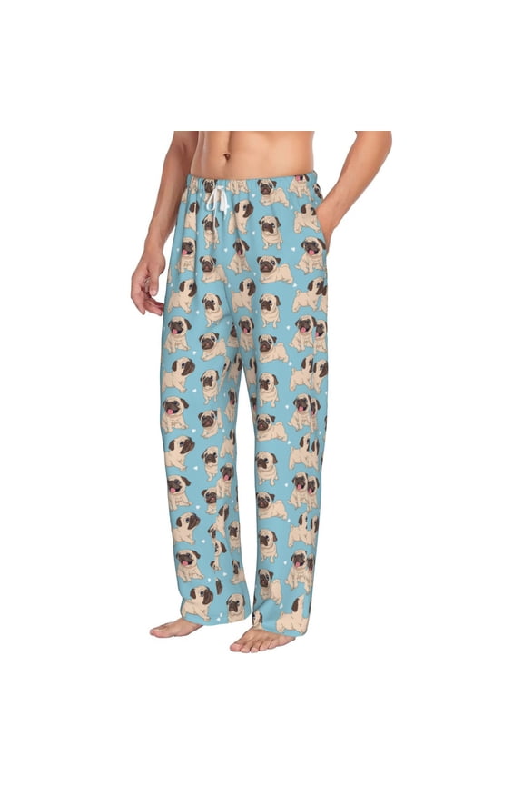 Funny Cartoon Pugs Mens Soft Woven Cotton Elastic Waistband Sleep Pajama Pant Lounge Sleep Pant With Pockets And Drawstring-Small