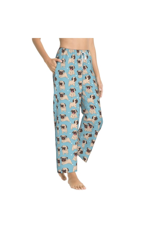 Funny Cartoon Pugs Womens Soft Woven Cotton Elastic Waistband Sleep Pajama Pant Lounge Sleep Pant With Pockets And Drawstring-Small