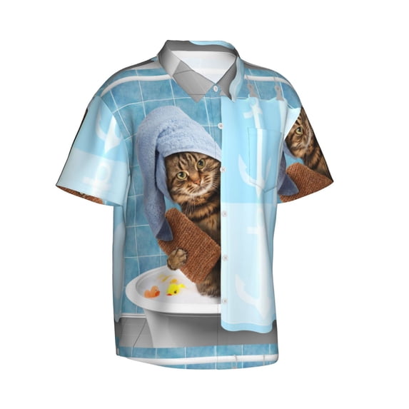 Picia Funny Cat Taking a Bath Gentle Cotton Regular Fit Short Sleeve Casual Hawaiian Shirt for Men-Small