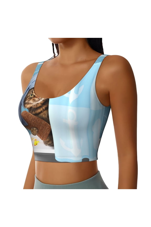 Funny Cat Taking a Bath Sports Bra for Women,Padded Strappy Sports Bras Medium Support Yoga Bra with Removable Cups,Running Yoga Bra-Medium
