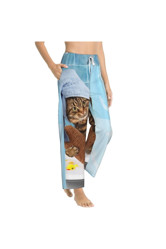Funny Cat Taking a Bath Womens Soft Woven Cotton Elastic Waistband Sleep Pajama Pant Lounge Sleep Pant With Pockets And Drawstring-Medium