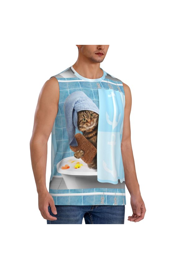 Funny Cat Taking a Bath mens Cotton Tank Undershirts , Moisture-wicking Ribbed Tanks, Lightweight Cotton Tank Undershirts-X-Large