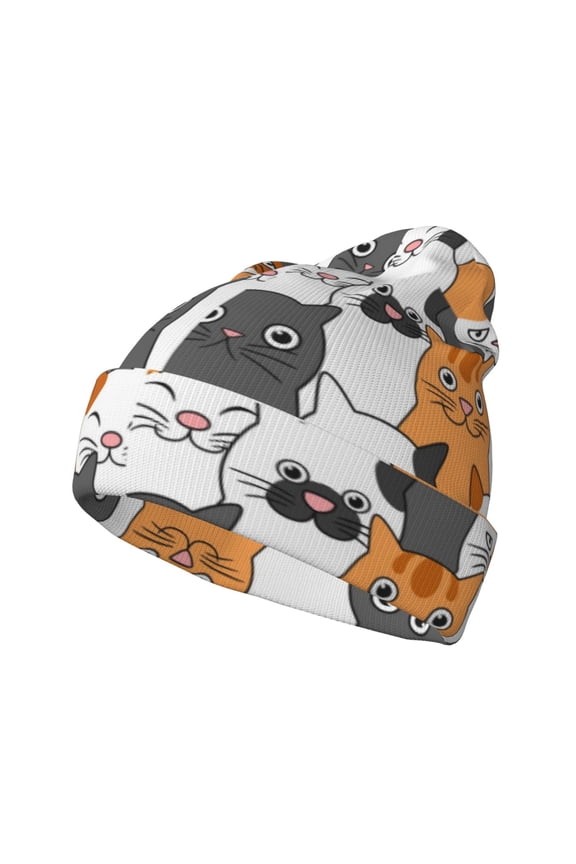 Funny Cats Pattern Knitted Beanie Hat for Men and Women , Unisex Winter Warm Stretchy Knit Cap Thick Fisherman Beanies Cuffed Plain Skull Caps