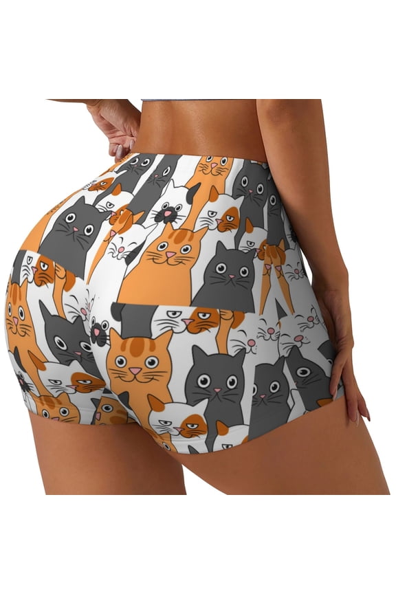 Funny Cats Printed Workout Shorts for Women Seamless Scrunch Butt Lifting High Waisted Yoga Gym Booty Running Moisture-wicking Short Pants-Medium