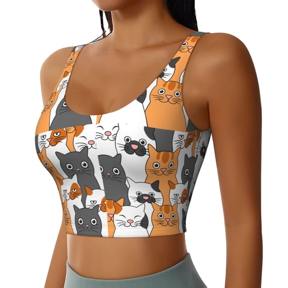 Picia Funny Cats Sports Bra for Women,Padded Strappy Sports Bras Medium Support Yoga Bra with Removable Cups,Running Yoga Bra-Small