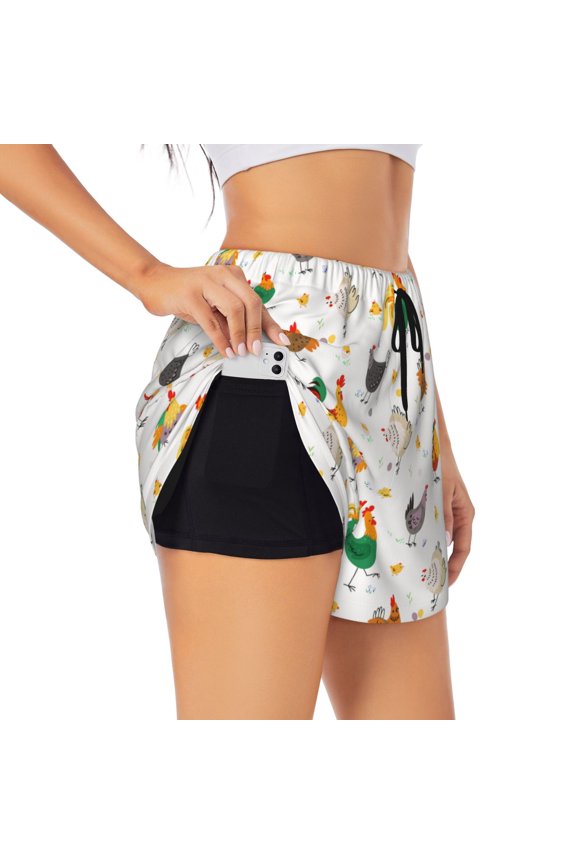 Funny Chicken Pattern Women's 2 in 1 Athletic Running Shorts High Waisted Workout Casual Gym Sweat Shorts with Comfy Liner Zipper Pockets-X-Large