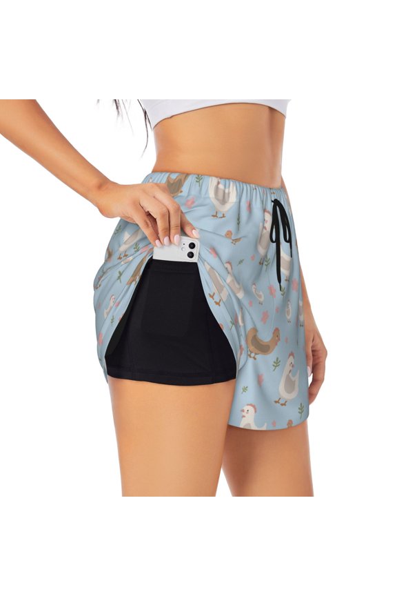 Funny Chicken Pattern Women's 2 in 1 Athletic Running Shorts High Waisted Workout Casual Gym Sweat Shorts with Comfy Liner Zipper Pockets-X-Large