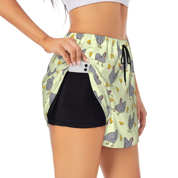 Picia Funny Chicken Pattern Women's 2 in 1 Athletic Running Shorts High Waisted Workout Casual Gym Sweat Shorts with Comfy Liner Zipper Pockets-