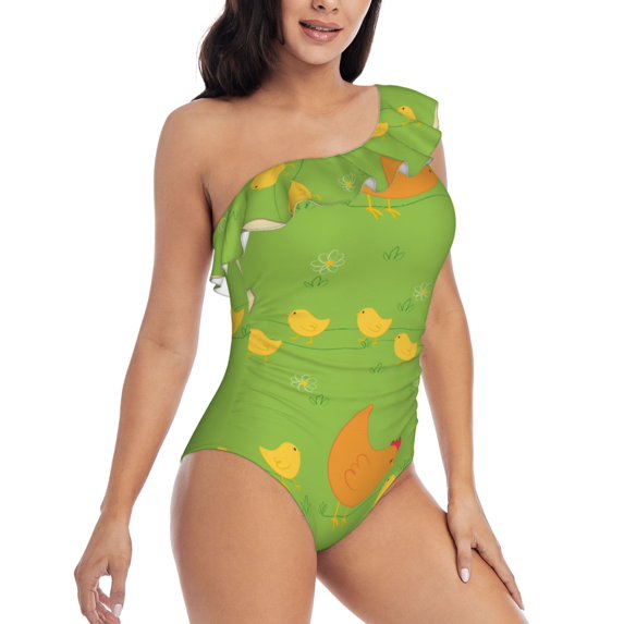 Picia Funny Chicken Pattern Women's One Piece Swimsuits,One Shoulder Swimwear Asymmetric ,Ruffle Monokinis Bathing Suits,High Waisted Flattering Bathing Suits-