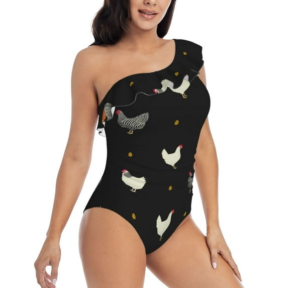Picia Funny Chicken Pattern Women's One Piece Swimsuits,One Shoulder Swimwear Asymmetric ,Ruffle Monokinis Bathing Suits,High Waisted Flattering Bathing Suits-Small