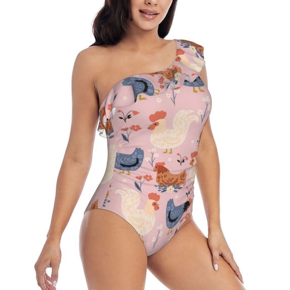 Picia Funny Chicken Pattern Women's One Piece Swimsuits,One Shoulder Swimwear Asymmetric ,Ruffle Monokinis Bathing Suits,High Waisted Flattering Bathing Suits-Large