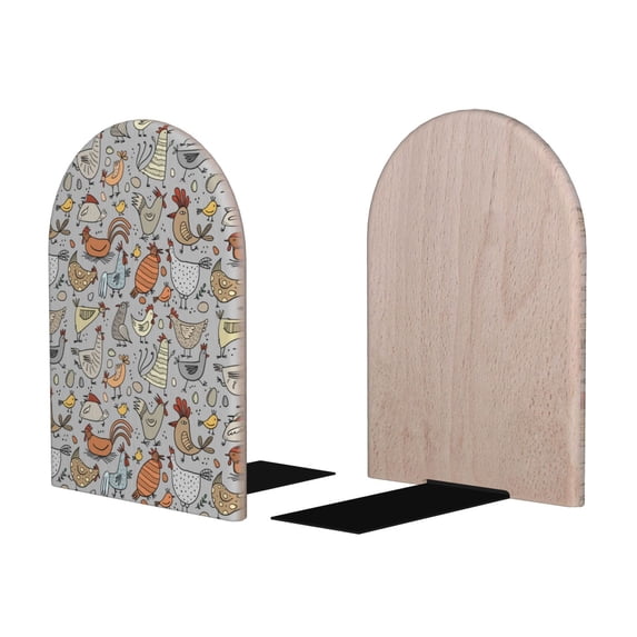 Picia Funny Chicken Pattern Wood Bookends for Shelves,Non-slip Bookends, Heavy Duty Wooden Bookend Support,1 Pair