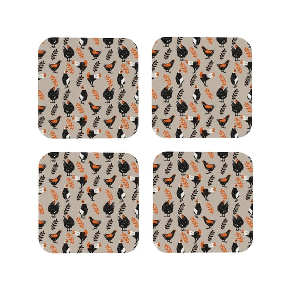 Picia Funny Chicken Printed Leather Coasters for Drinks, 4" Drink Coasters Set of 4 for Tabletop Protection, Handmade Luxurious Home Décor and Housewarming Gift -Square