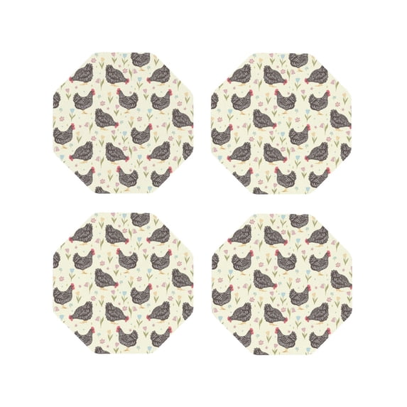 Picia Funny Chicken Printed Leather Coasters for Drinks, 4" Drink Coasters Set of 4 for Tabletop Protection, Handmade Luxurious Home Décor and Housewarming Gift -Octagon