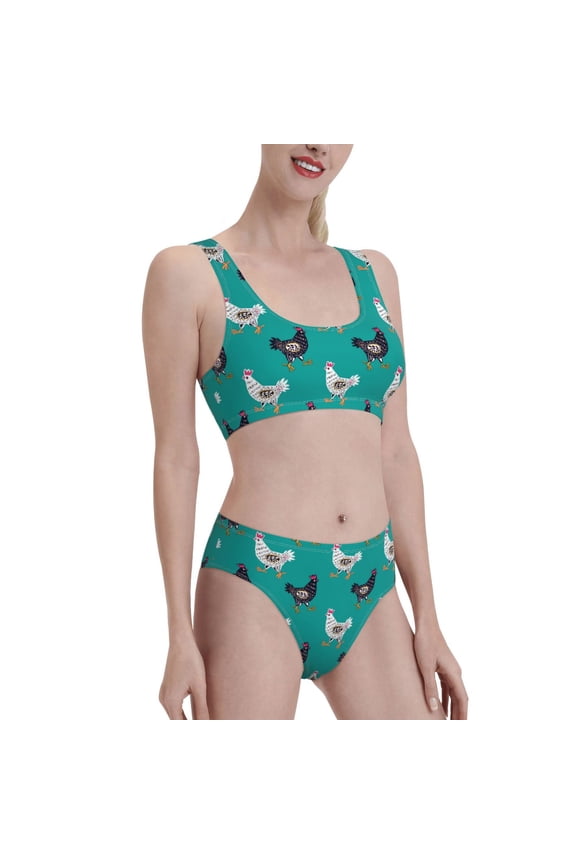 Funny Chicken Women's High Waisted Bikini Scoop Neck Swimsuit Two Pieces Bathing Suit-Medium