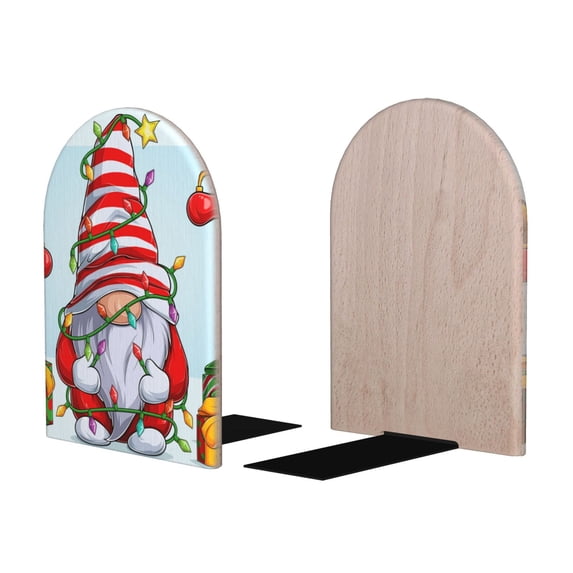 Picia Funny Christmas Gnome Pattern Wood Bookends for Shelves,Non-slip Bookends, Heavy Duty Wooden Bookend Support,1 Pair